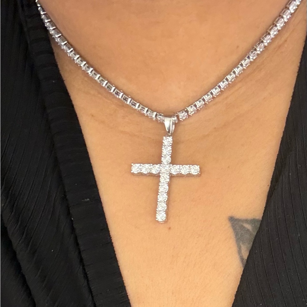 Silver Moissanite Cross PENDANT with TENNIS NECKLACE